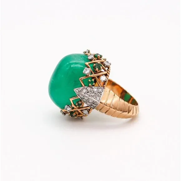 PIERRE STERLE 1955 Cocktail Ring 18Kt Platinum 43.49 Ctw Emerald & Diamonds - Picture 3 of 8